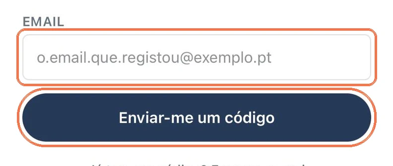 O formulário de entrada, com o campo do email e o botão de pedir o código destacados.