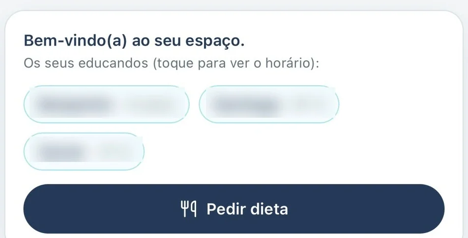 A área das famílias com sessão iniciada, com os nomes dos educandos esbatidos.